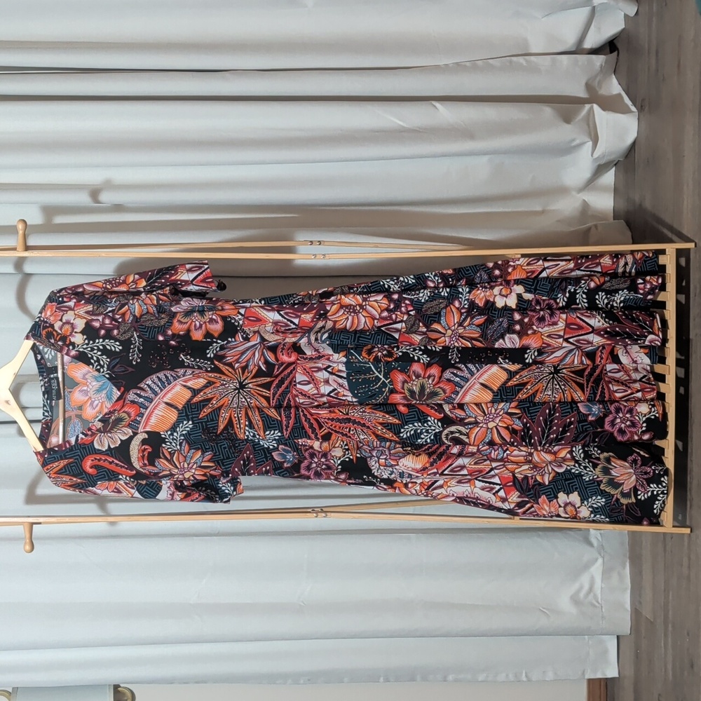 Floral Patchwork Midi Dress in Black and Coral